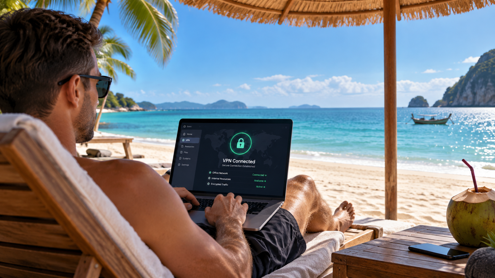 Pracownik z laptopem na leżaku na plaży, na ekranie aktywne, bezpieczne połączenie VPN z siecią firmy